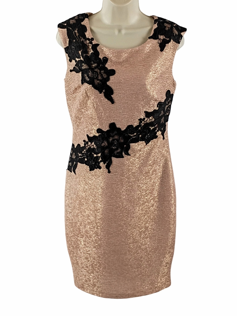 Sleeveless Rose Gold Cocktail Dress with Black Lace Appliqué